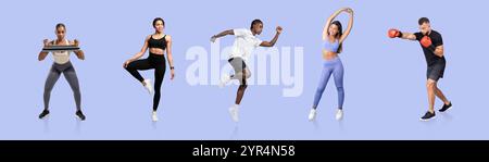 Verschiedene Gruppen von Einzelpersonen, die zu Hause verschiedene Fitnessaktivitäten ausüben Stockfoto