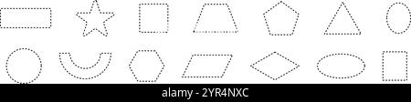 Gepunktete Rahmen mit einfachen gestrichelten Linien. Rechteckige und runde Umrisselemente für Coupon- oder Etikettenformen. Illustration des flachen Vektors isoliert auf weiß Stock Vektor