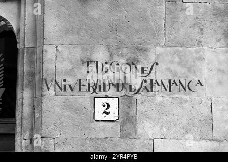 Salamanca, Spanien - 20. Februar 2022: Traditionelles typografisches Straßenschild in Salamanca, Kastilien und Leon, Spanien. Stockfoto