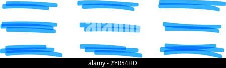 Blaue Markierungslinien mit Pinselstruktur zum Hervorheben von Text. Unterstrichene Elemente oder Rahmenelemente kritzeln. Illustration des flachen Vektors isoliert auf weißem Hintergrund Stock Vektor
