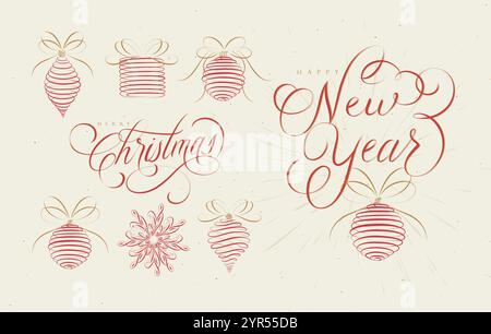 Weihnachtsbaum Spielzeug Icons Kollektion Set mit Schriftzug Silvesterzeichnung in linearer Swirl-Stil mit Rot auf beigefarbenem Hintergrund Stock Vektor