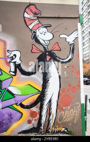 Dr. Seuss Cat im hat-Wandgemälde an der McCaul Street in der Innenstadt von Toronto, Ontario, Kanada Stockfoto