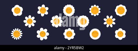 Groovy Gänseblümchen-Gesichts-Kollektion. Das Kamille-Retro-Lächeln im Cartoon-Stil. Happy Sticker von 70s. Grafische Vektordarstellung Stock Vektor