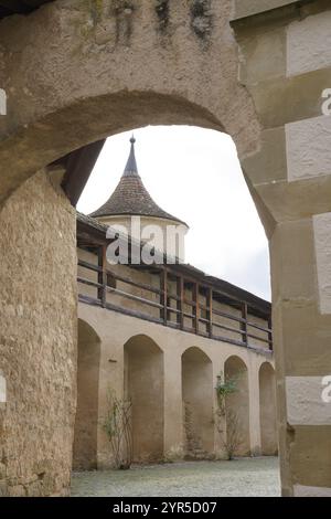 Klosterhof und mittelalterliche Zinnen, Comburg, Benediktinerkloster, Jakobsweg, Schwäbisch Hall-Steinbach, Kochertal, Kocher, hohe Stockfoto