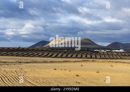 Vulkanischer Krater, weite Felder vulkanischen Gesteins führen zu fernen, kargen Bergen unter einem bewölkten Himmel in ländlicher Atmosphäre, Kanarischen Inseln, Lanzarote, S Stockfoto