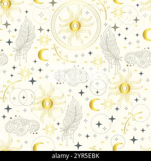 Nahtloser himmlischer Hintergrund mit Sternen, Federn und Wolken. Blaues nahtloses astrologisches Muster für Tarot, Boho-Ornament für Tierkreiszeichen, Design, Textil Stock Vektor