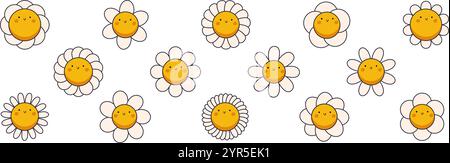 Groovy Gänseblümchen-Gesichts-Kollektion. Das Kamille-Retro-Lächeln im Cartoon-Stil. Happy Sticker von 70s. Grafische Vektordarstellung Stock Vektor