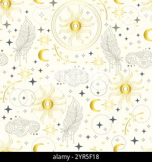 Nahtloser himmlischer Hintergrund mit Sternen, Federn und Wolken. Blaues nahtloses astrologisches Muster für Tarot, Boho-Ornament für Tierkreiszeichen, Design, Textil Stock Vektor