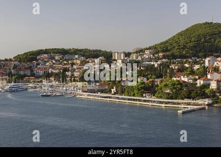 Blick aus der Höhe auf die Häuser und Villen mit braunen und weißen Zierelementen, die mit traditionellen Terrakottafliesen auf den Hügeln und Booten im Yachthafen auf Lapad Penins ausgestattet sind Stockfoto