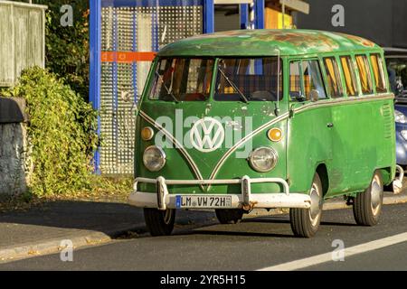 Volkswagen VW Typ 2 Transporter, VW Bus T1, Bulli, Oldtimer Baujahr 1950 bis 1967, grün lackierter Wohnmobil, baufällig, nicht restauriert, Runkel, Hessen Stockfoto