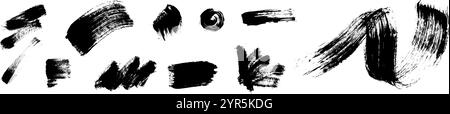 Tintenspritzer mit Pinselstrichen und Farbkritzeln. Dynamische Spritzformen und Linienstrukturen. Illustration des flachen Vektors auf weißem Hintergrund isoliert. Stock Vektor