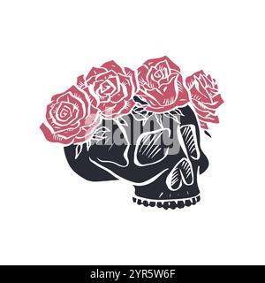 Handgezeichneter schwarzer Silhouette blumiger menschlicher Schädel mit Rosenkranz isoliert auf weiß Stock Vektor