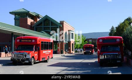 Durango, CO, USA - 14. Juni 2024; Durango Transit Bushaltestelle mit rotem Bus in Colorado City Stockfoto