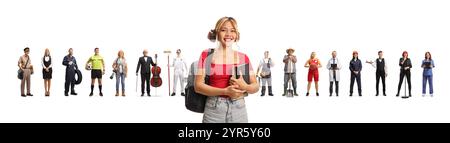 Asiatische Studentin mit Menschen verschiedener Berufe isoliert auf weißem Hintergrund Stockfoto