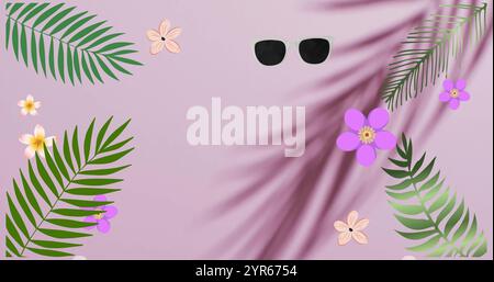 Bild von Palmenblättern und Blumen über Schatten Stockfoto