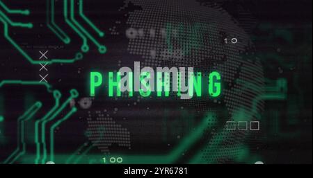 Bild von Phishing-Text über Mainboard, Globus und Verarbeitung von Daten auf Schwarz Stockfoto
