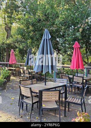 Café-Sitzplätze im Freien mit Holztischen und -Stühlen unter bunten geschlossenen Sonnenschirmen, umgeben von üppigem Grün an einem ruhigen Tag. Stockfoto