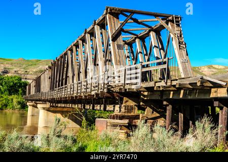 Eine Brücke mit Holzdeck ist in der Abbildung dargestellt. Die Brücke ist alt und hat ein rustikales Aussehen. Die Umgebung ist üppig und grün, mit Gras A Stockfoto