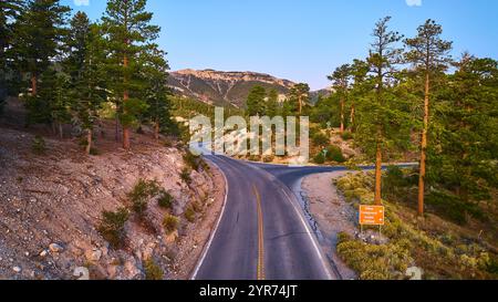 Aus der Vogelperspektive der Serene Mountain Road durch den Wald, Mt. Charleston, Nevada Stockfoto