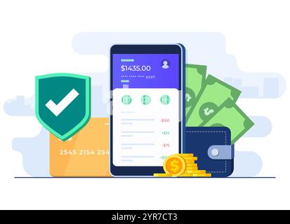 Online-Banking Konzept flache Illustration Vektorvorlage, Secure Mobile Banking App, Internet-Geldtransfer, E-Banking, E-Wallet, Senden und Empfangen Stock Vektor