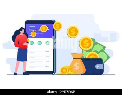 Menschen senden und empfangen Geld über mobile App, elektronische Brieftasche, mobile Banktransaktion, Secure Money Transfer Gateway flache Illustration Vektor t Stock Vektor