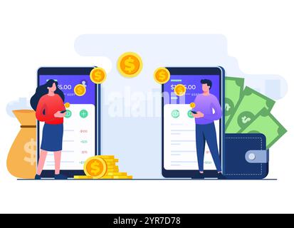 Menschen senden und empfangen Geld über mobile App, elektronische Brieftasche, mobile Banktransaktion, Secure Money Transfer Gateway flache Illustration Vektor t Stock Vektor