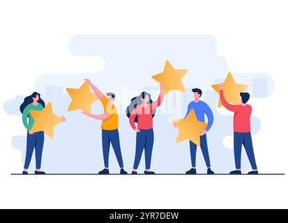 Zufriedene Kunden geben Produkte, Dienstleistungen, Apps oder Websites, Feedback, Bewertung der Kundenbewertung, Umfrage zur Zufriedenheitsbewertung Stock Vektor