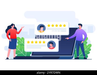 Zufriedene Kunden geben Produkte, Dienstleistungen, Apps oder Websites, Feedback, Bewertung der Kundenbewertung, Umfrage zur Zufriedenheitsbewertung Stock Vektor