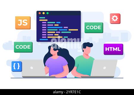 Webentwickler Verdrahtungscode oder -Programm mit Laptop, Computerprogrammierung, Java, HTML-Symbole, Webdesign, Software, Anwendungsdesign, lan-Programmierung Stock Vektor