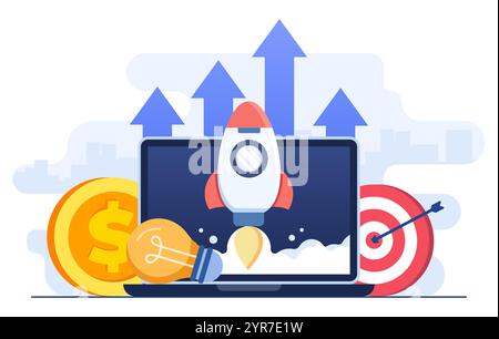 Flache Vektor-Illustration der Rakete, die erfolgreich vom Laptop-Bildschirm startet, Startup Business-Projekt, Innovationsprodukt, kreative Idee, Stock Vektor