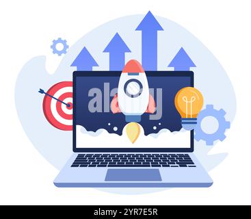 Flache Vektor-Illustration der Rakete, die erfolgreich vom Laptop-Bildschirm startet, Startup Business-Projekt, Innovationsprodukt, kreative Idee, Stock Vektor