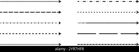 Schwarzer gerader, dünner gestrichelter Pfeil. Sammlung mit langen gepunkteten Pfeilen. Umrissstreifen-Element-Paket für Flyer, Poster, Broschüre, Broschüre, Banner. Skizzierte Zeiger und Richtungslinien kritzeln. Vektor Stock Vektor