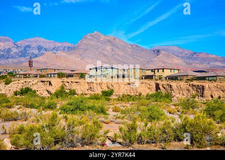 Moderne Wüstenhäuser und Bergblick in Nevada Serenity Stockfoto