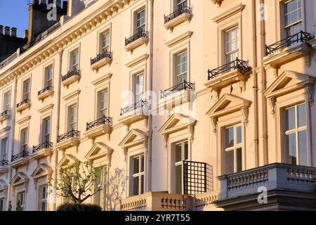 Eine Reihe georgianischer Stuckterrassen beherbergt glühendes Gold kurz nach Sonnenaufgang im South Eaton Place, Belgravia, London, England, Großbritannien Stockfoto