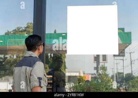 Leere Werbetafel. Im Café des Bar-Restaurants steht ein nachgeahmter Menürahmen. Leerzeichen für Text. Leeres Poster für vertikale Plakate. Beschneidungspfad. Stockfoto