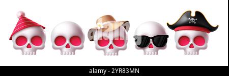 Skull Emoji Clipart Zeichensatz. Emojis im gruseligen, gruseligen, gruseligen und Horrorkopf-Skelett tragen Kostümelemente mit traurigem Gesicht. Vektor Stock Vektor