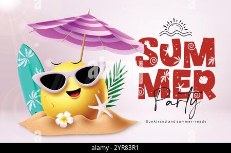 Sommerparty mit Emoji Clipart-Design. Text für Sommerparty mit Emoji-Charakter in glücklichem und niedlichem Gesicht, sonnigem Tag, tropischem Hintergrund. Vektorabbildung Stock Vektor
