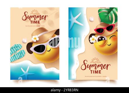 Sommerzeit Emoji Clipart Poster Set Design. Sommertext mit Emojis-Charakter, der Sonnenbrillen und Hutelemente im Hintergrund am Strand trägt. Stock Vektor