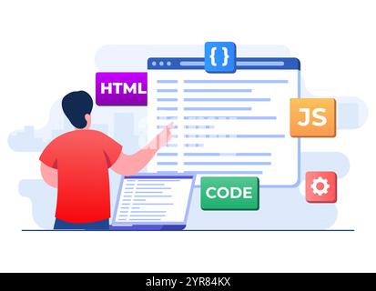 Webentwickler Verdrahtungscode oder -Programm mit Laptop, Computerprogrammierung, Java, HTML-Symbole, Webdesign, Software, Anwendungsdesign, lan-Programmierung Stock Vektor