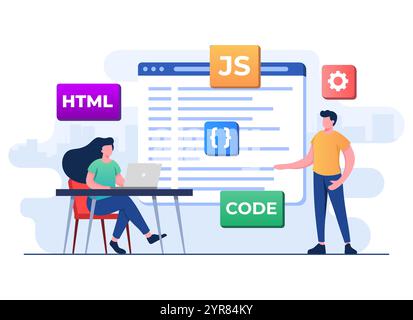 Webentwickler Verdrahtungscode oder -Programm mit Laptop, Computerprogrammierung, Java, HTML-Symbole, Webdesign, Software, Anwendungsdesign, lan-Programmierung Stock Vektor