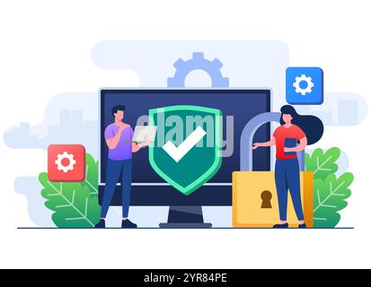 Computersicherheit flache Illustration Vektorvorlage, Gerätesicherheit, PC geschützt mit Vorhängeschloss und Schild, Firewall-Schutzkonzept, Datenschutz Stock Vektor