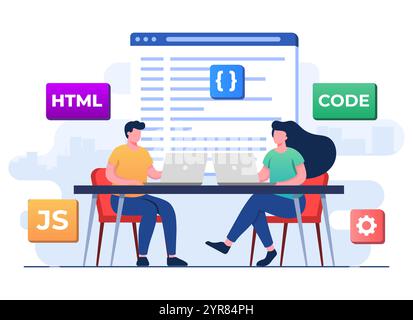 Webentwickler Verdrahtungscode oder -Programm mit Laptop, Computerprogrammierung, Java, HTML-Symbole, Webdesign, Software, Anwendungsdesign, lan-Programmierung Stock Vektor