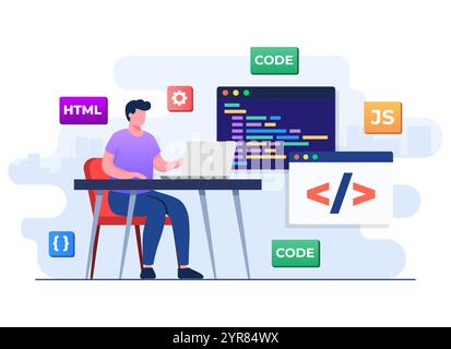 Webentwickler Verdrahtungscode oder -Programm mit Laptop, Computerprogrammierung, Java, HTML-Symbole, Webdesign, Software, Anwendungsdesign, lan-Programmierung Stock Vektor