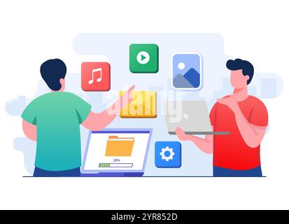 Zwei Personen, die Dateien gemeinsam nutzen, Datenübertragung, Dokumentübertragung, Dateiverwaltung, Datenaustausch, Daten ins Internet hochladen, Hochladen und Herunterladen, Cloud Techno Stock Vektor