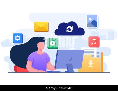 Frau, die mit Cloud Computing und Datenbankdiensten arbeitet, Daten synchronisieren, sichere Dateifreigabe, Dateien auf dem Cloud-Server hochladen und herunterladen, Daten BA Stock Vektor