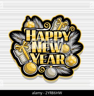 Vektor-Logo für Happy New Year, dekorative Schilder mit Zeichentrickdesign weihnachtssymbolen, dunkles Schild mit Illustration hängender Weihnachtskugeln Stock Vektor