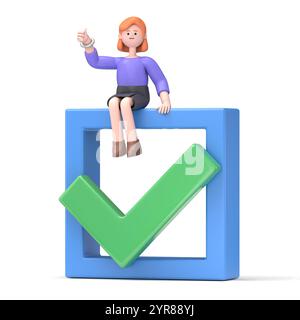 3D-Illustration der europäischen Geschäftsfrau Ellen mit Daumen nach oben und grünem Häkchen im Kästchen. Modellbild 3D-Zeichendarstellung.3D-Rendering auf weiß b Stockfoto