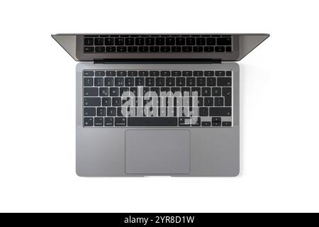 Draufsicht des Laptops isoliert auf weißem Hintergrund Stockfoto