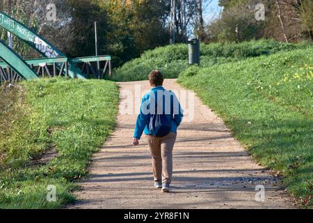 Eine junge Frau, die durch einen wunderschönen Park spaziert, die Natur, die Ruhe genießt und einen aktiven Lebensstil am Wandertag fördert. Stockfoto