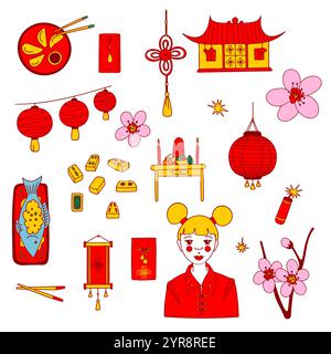 Flaches chinesisches Neujahrssymbol. Traditionelle Symbole für das Mondneujahr, Designelemente isoliert auf weißem Hintergrund. Stock Vektor